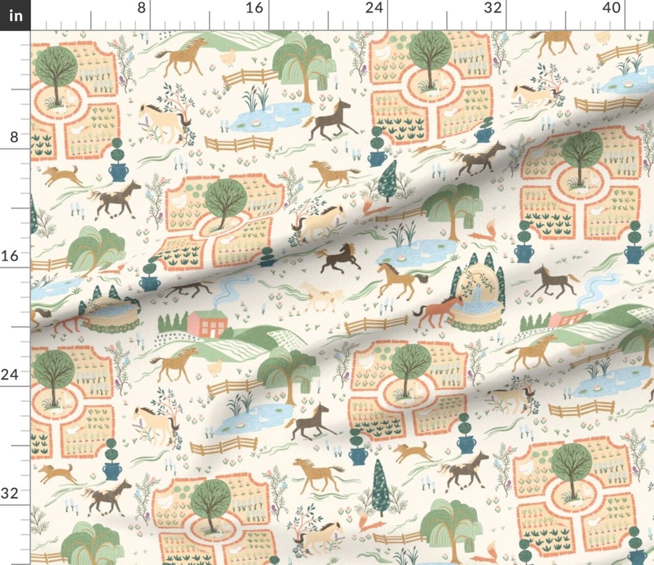 Whimsical Horses Village Pony Countryside Farmhouse Nursery Pond Folk Art Trees Flowers Garden House Farm Playful Playroom Kids Room Custom Printed Fabric by Spoonflower Various Fabrics by the Yard or Fat Quarter